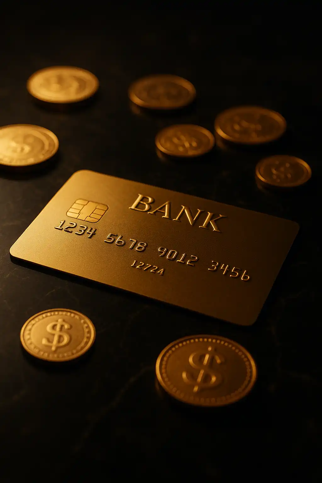 Gold bank card and coins on black marble surface representing instant payments