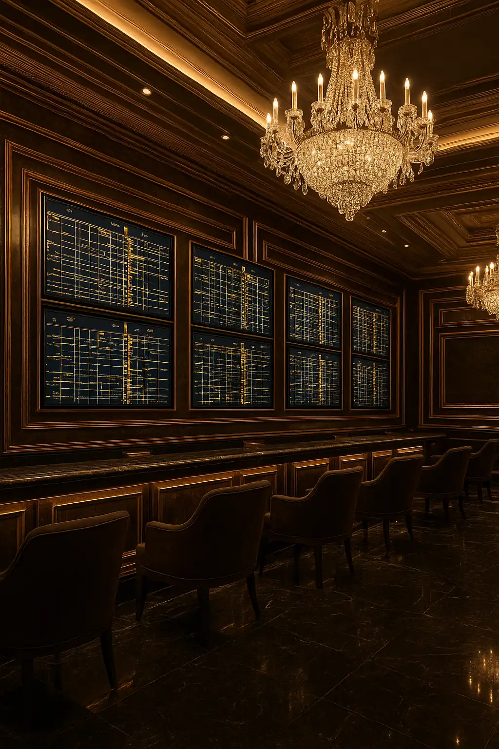 Elegant sportsbook lounge with gold-trimmed betting screens and dark marble floors