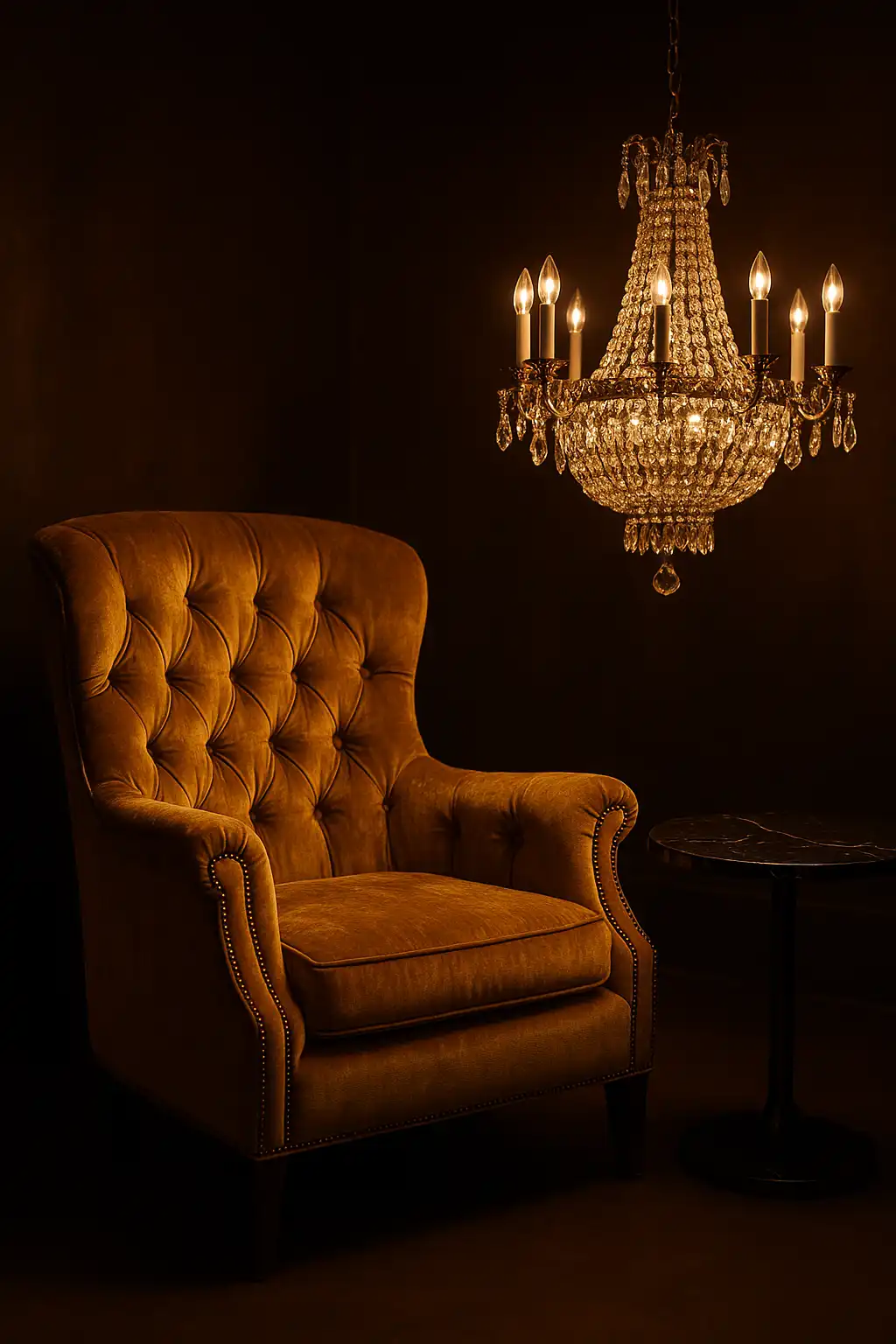 Gold VIP lounge chair beside a crystal chandelier and marble table